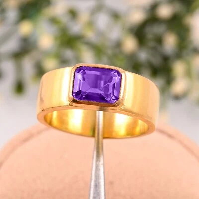 Anillo de oro amatista brasileño facetado natural AAA para hombre regalo de oro amarillo macizo de 14K. Foto 1 de 3
