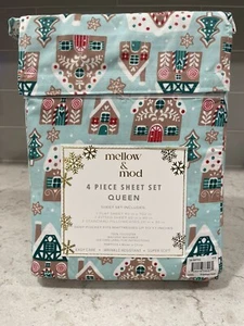 GINGERBREAD HOUSE Queen Size Sheet Set Mellow & Mod Aqua Blue Holiday Pattern - Picture 1 of 6