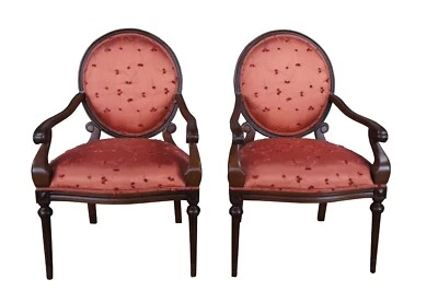 2 Vintage Henredon French Louis XVI Style Mahogany Silk Crewel Armchairs Pair - Image 1 of 4