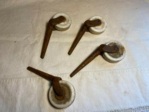 Lot of 4 Different Cast Iron and Porcelain Replacement Furniture Caster Wheels Cover