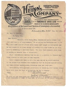 1905 Letterhead Heinn Co. Milwaukee Wisconsin  Badger Loose Leaf Office Ledgers - Picture 1 of 2