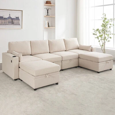 4 Modular Sectional U Shape Couch w/Storage USB Port Cup Holder Reversible Chais - Image 1 of 4