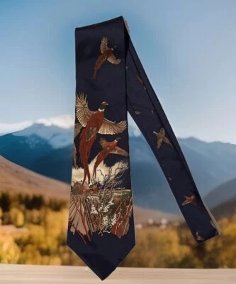 Ducks Unlimited Silk Ringneck Pheasants Homestead Tie Dark Blue 56" x 3 3/4” - Image 1 of 4