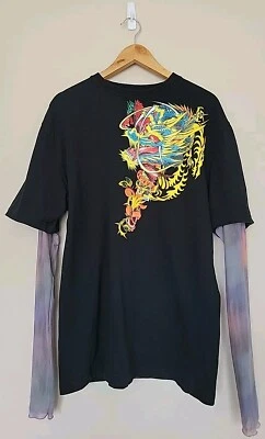 Vtg Kanji Jeans Mens Dragon T Shirt Mesh Tattoo Sleeve XL Y2K Cyber Goth Rainbow - Image 1 of 4