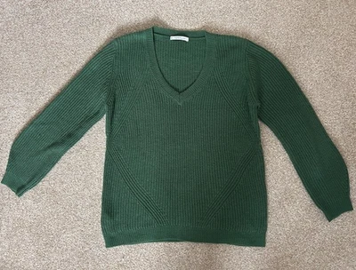 Violeta by Mango V-Neck Chunky Knit Forest Green Winter Jumper Size Large UK 16 - Image 1 of 4