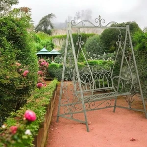 Cream Metal Swing Chair Garden Hammock 2 Seater Patio Bench - Picture 1 of 2