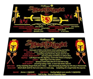 Williams Black Knight Pinball Custom Apron Instruction Cards - Picture 1 of 1