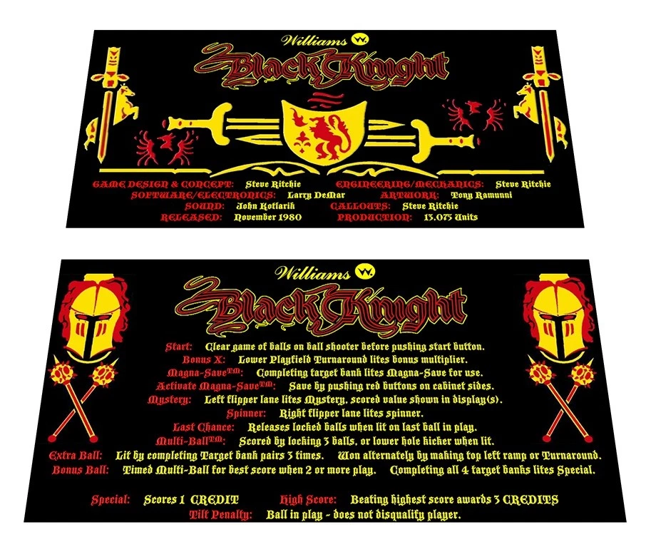 Williams Black Knight Pinball Custom Apron Instruction Cards - Image 1 of 1