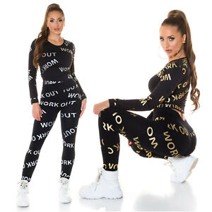 Trendy 2 Pieces Set Woman Suit Work Out Stretch Black Writings New