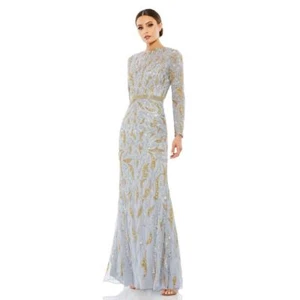 Mac Duggal Long Sleeve Evening Gown Beaded High Neck Platinum Gold Size 14 NEW  - Picture 1 of 13