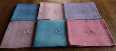 6 serviettes table en fil de lin damassé ancien fruits teintes multicolore MM - Photo 1/4