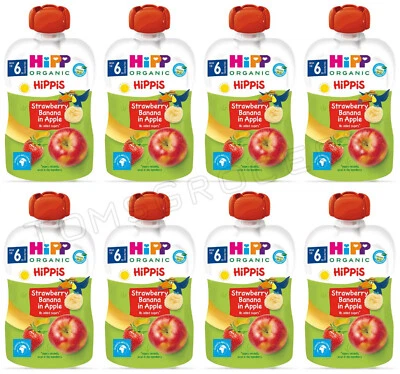 8 Postre de plátano fresa orgánico HIPP en puré de manzana de 4 meses 100 g 3,5 oz Foto 1 de 4
