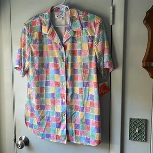 Vintage Vera Blouse Womens 12 Patchwork Colorful Polyester Top Button Front Blue - Picture 1 of 7