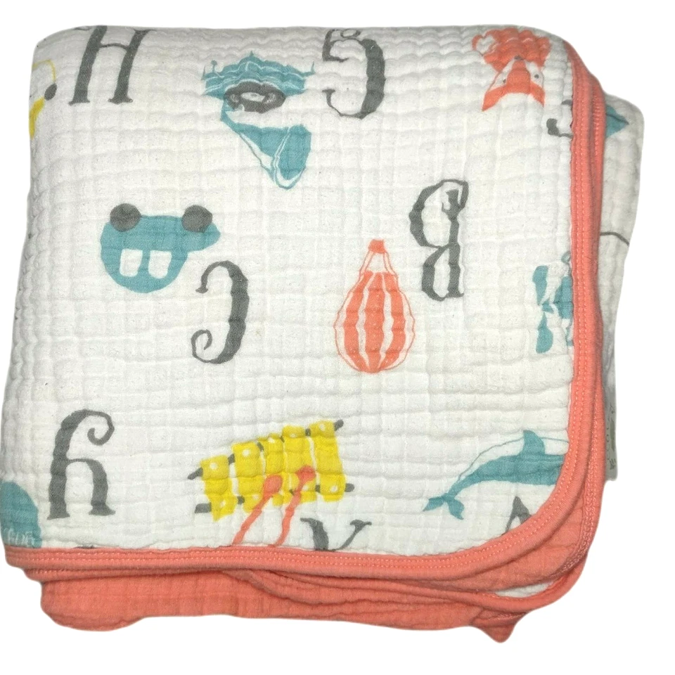 Manta bebé muselina letras alfabeto algodón orgánico trébol y salvia naranja blanco Foto 1 de 4