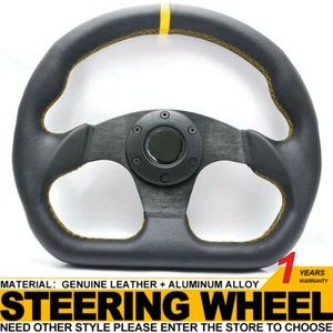 32 cm negro/amarillo plano cuero genuino universal deportivo carreras volante de deriva - Imagen 1 de 3