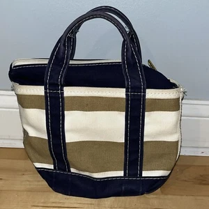 LL Bean Boat And Tote Bag Taupe Stripe Navy Zip Top Mini Size 10"Lx7.5"Hx4.5"D - Picture 1 of 12