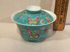 Chinese Oriental Tea Cup W/Lid Both Signed 4 Characters Turquoise Enamel 19c.