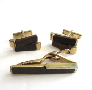 Swank Wood Cufflinks and Tie Clasp - Picture 1 of 5