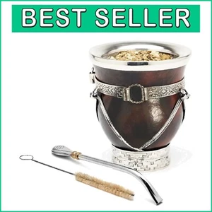 Premium Yerba Mate Gourd with German Silver, Includes Bombilla & Cleaning Brush - Picture 1 of 9