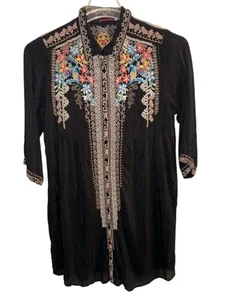 Johnny Was MD Clarissa Boho Embroidered Button Down Black Tunic Shirt Dress - Picture 1 of 10