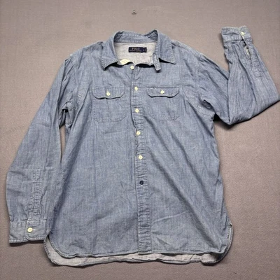 Polo Ralph Lauren Shirt Large Blue Chambray Cotton Chinstrap Button Western - Image 1 of 4