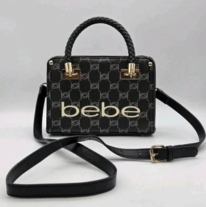 bebe Briella Mini Satchel Purse Crossbody Strap Black & Gold Faux Leather - Picture 1 of 15