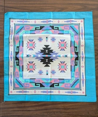 Vintage Teal Bandana USA Southwest Aztec Tribal Cowboy Multicolored - Image 1 of 4