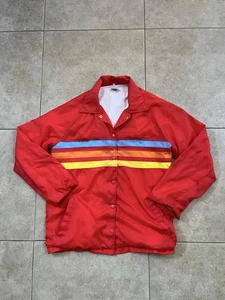 70s 80s Retro Red Striped Windbreaker Jacket Colorful Button Up Mens L - Picture 1 of 6