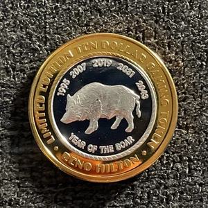 Year of the BOAR ~ $10 SILVER STRIKE .999 Fine Silver Token ~ Reno Hilton Casino - Picture 1 of 2