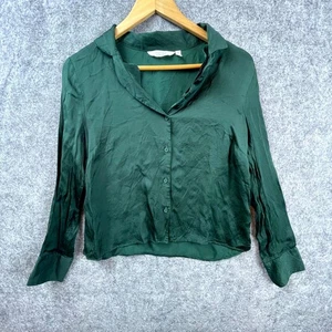 & Other Stories Shirt Womens 6 Dark Green Viscose Collared Satin Office Siren - Picture 1 of 6