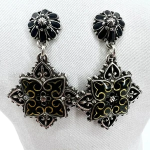 Brighton klare Strass schwarze Emaille Danale Medaillon Ohrringe 2 Zoll - Bild 1 von 5