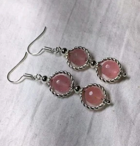 Vintage Style Rose Quartz Gemstone Earrings In Silver Plate.drop dangle - Picture 1 of 4