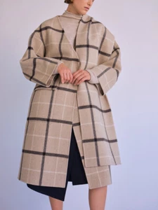 MIJEONG PARK WOOL BLEND  COAT Sz XS HANDMADE COAT WITH SCARF - BEIGE  PLAID - Picture 1 of 7