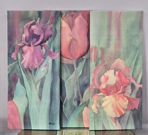 Vintage 80s Ariel Large Quilted Iris Tulip Floral 3 - D Wall Art Panels - Picture 1 of 15