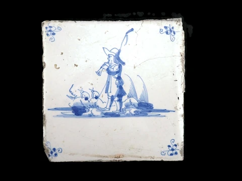 Antique Delft Tile Dutch Man Playing a Horn Art Architectural Garden Cover