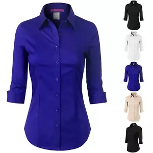 MixMatchy 3/4 Sleeve Stretchy Button Down Collar Office Formal Casual Blouse - Picture 1 of 21