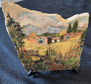 Hand Painted Mountain Sunset Artwork on Stone Rock Slab Signed Char Brebach 8x6 - Picture 1 of 7