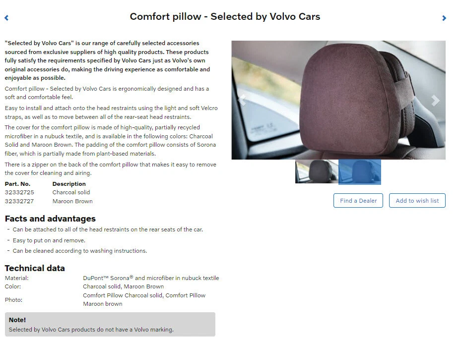 New Genuine Volvo S60 S80 S90 XC40 XC60 XC90 Headrest Comfort Pillow 32332727 - Image 1 of 1