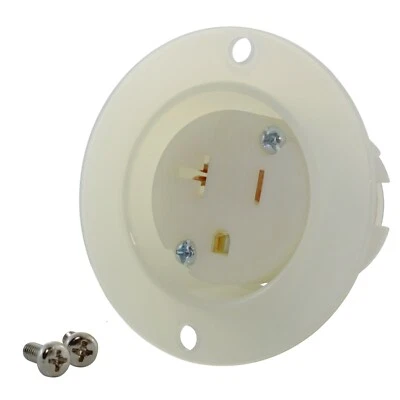 20A 125V NEMA 5-20R 3-Prong White/Clear Flanged Outlet Assembly by AC WORKS® - Image 1 of 4
