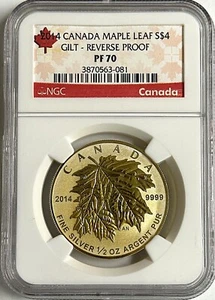 2014 Canada $4 1/2oz Gilt Fine Siver Maple Leaf Reverse Proof NGC PF 70 - Picture 1 of 2