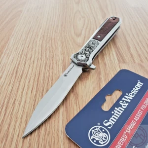 Smith & Wesson Folding Knife 3.5" Carbon Stainles Blade Stainless/Wood Handle - Picture 1 of 24