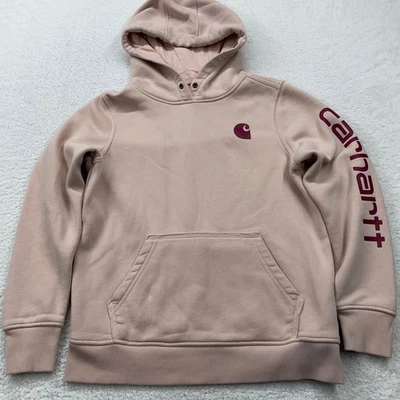 Carhartt Relaxed Fit Hoodie Womens Medium Pink Logo Sleeve Pullover Sweatshirt - Image 1 of 4