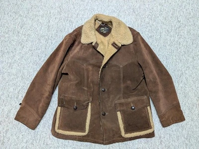 vintage WESTERN cowhide leather SUEDE sherpa coat 44 brown L rancher cowboy - Image 1 of 4