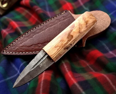 JAYGER Handmade Scottish Sgian Dubh | Genuine Damascus Steel | Olive Wood | Leather Cov