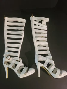 MACHI WHITE HIGH HEEL CAGED STUDDED KNEE HIGH STRAPPY GLADIATOR SANDAL BOOT SZ 7 - Picture 1 of 9
