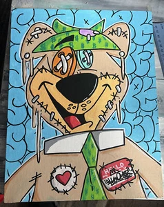 Shortiez Ink Graffiti 11 X 14 Canvas Board Painting Yogi Bear Patchwork Xmas - Picture 1 of 2