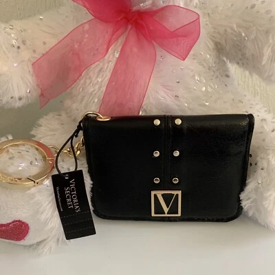 Victoria's Secret Suave Plegable Estuche para Tarjetas Identificación Billetera Llavero Negro Tachuela Logo V Foto 1 de 4