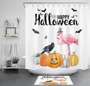 Pink Flamingo Pumpkin Black Crow Halloween Shower Curtain Set for Bathroom Decor - Picture 1 of 18
