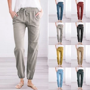 Women Cotton Linen Bottoms Trousers Ladies Solid Casual Elastic Waist Pants UK - Picture 1 of 42