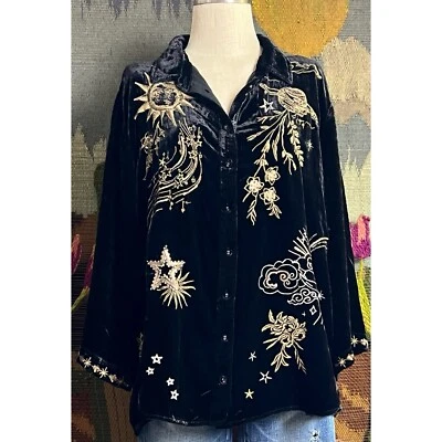 Блузка туника Johnny Was Miaora Black Velvet Celestial Moon Star PXXL - Изображение 1 из 4